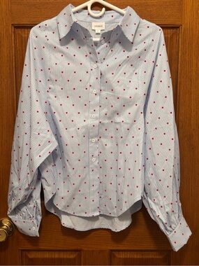 Lovelo Blue Pinstripe Button-Up Shirt with Red Hearts & Oversized sleeves  Sz L